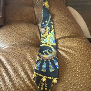Hermes Paris Men's Black Silk-Effect Decorative Pattern Tie - Gold & Blue Accent